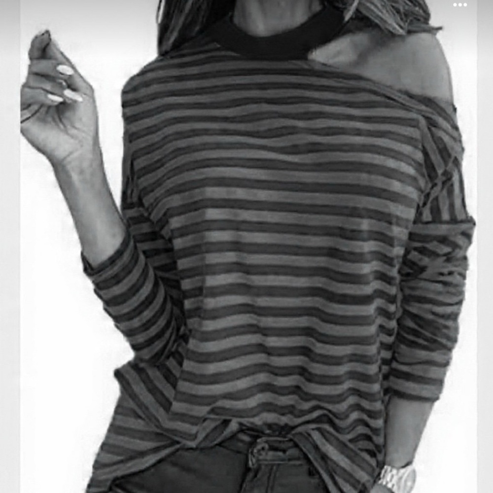 Striped Off-Shoulder Top - Black and Gray